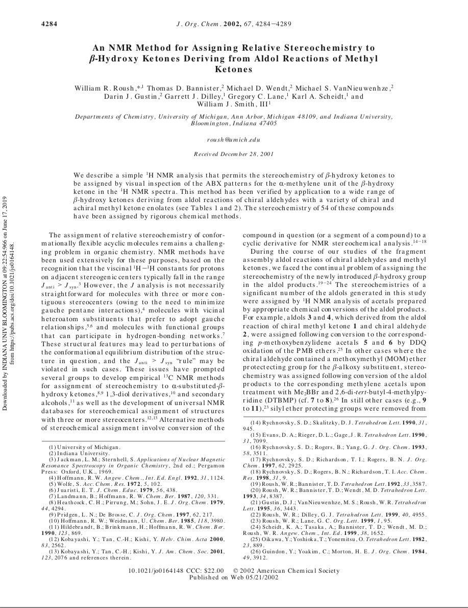An NMR Method for Assigning Relative Stereochemistry to ß-Hydroxy Ketones Deriving from Aldol Reactions of Methyl Ketones