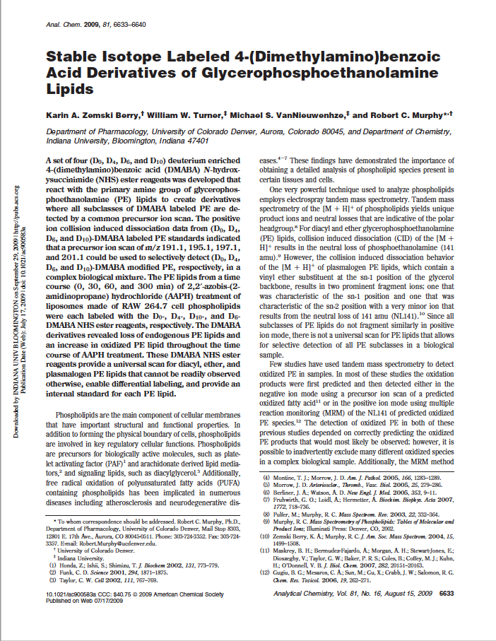 Stable Isotope Labeled 4-(Dimethylamino) benzoic Acid Derivatives of Glycerophosphoethanolamine Lipids