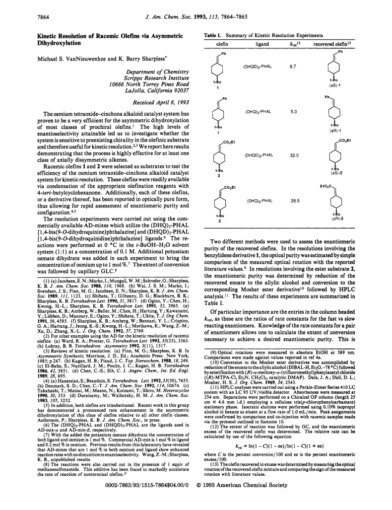 Kinetic Resolution of Racemic Olefins via Asymmetric Dihydroxylation